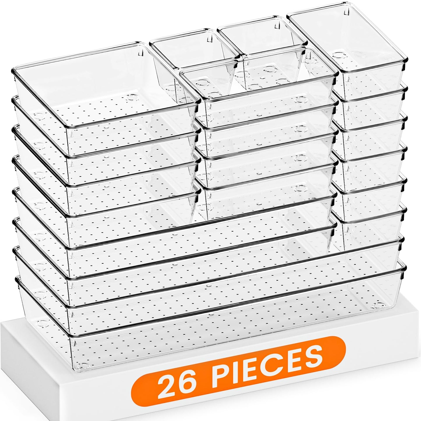 Criusia Drawer Organizer, 10 Pack Large Clear Plast Set, 3 Size Versatile Bathroom and Vanity Organizer Trays, Storage Bins for Makeup, Bedroom, Kitchen Utensils