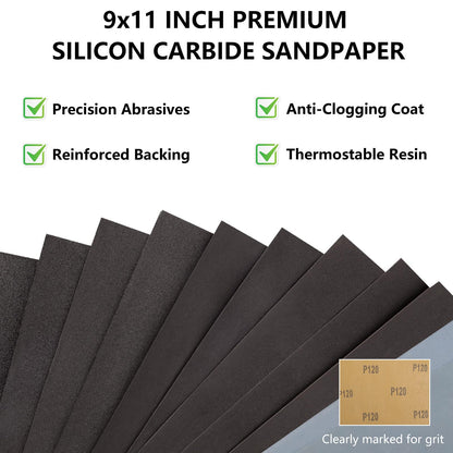 Shineboc Sandpaper Assortment, 18 Sheets, 9 x 11 Inch Wet Dry Sand Paper, 120/180/240/320/400/600/800/1000/2000 Grit Hand Sanding Sheets for Wood Metal Automotive Sanding and Polishing