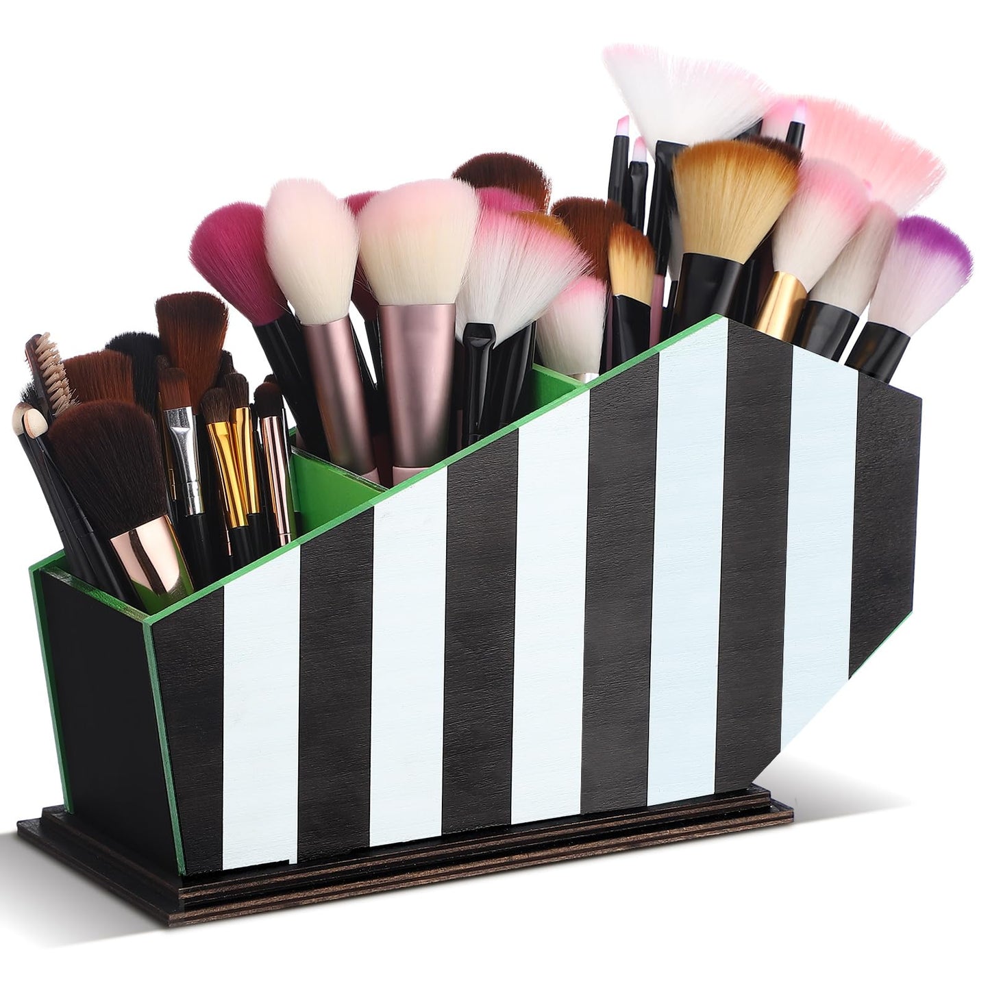 Beeveer Coffin Makeup Brush Holder Black Striped Gothic Makeup Brush Holder Wooden Organizer Gifts for Women Cosmetic Display Cases Spooky Pencil Brushes Organizer Bathroom Accessories
