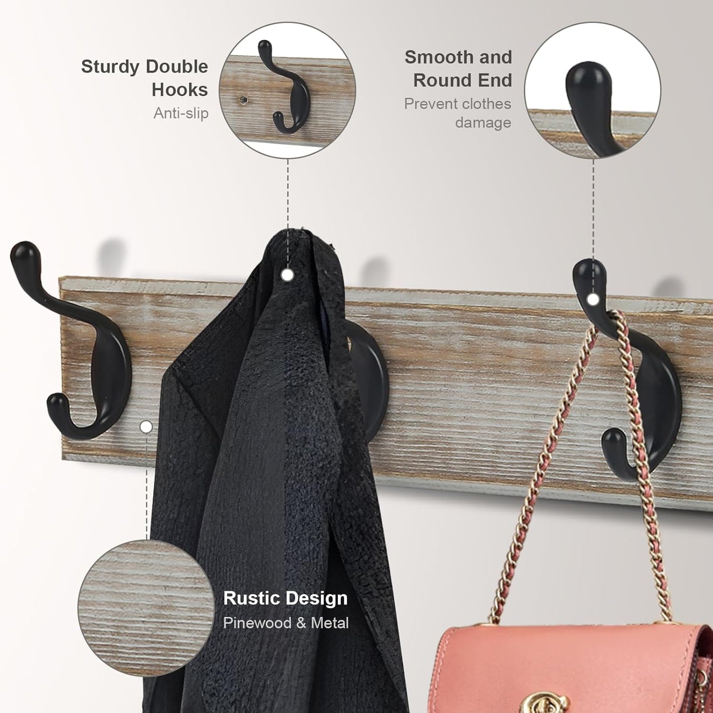 Coat Rack Wall Mounted, Entryway Coat Rack with 4 Rustic Hooks, 17” Vintage Pinewood Hanger for Keys