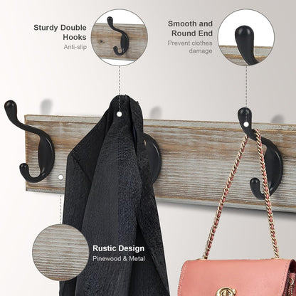 Coat Rack Wall Mounted, Entryway Coat Rack with 4 Rustic Hooks, 17” Vintage Pinewood Hanger for Keys