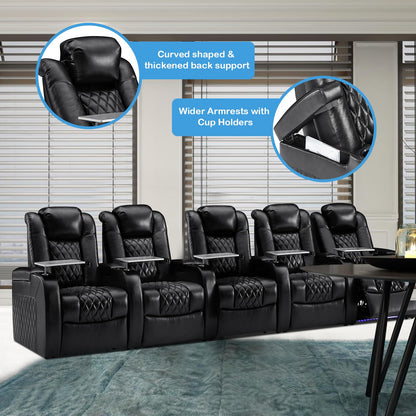 Weilianda Home Theater Seating Top Grain Leather Recliner Chair Power Headrest and Recline Movie Seats Gaming Sofa with Tray Table Type-C USB Charge Cup Holders Row of 6 Black