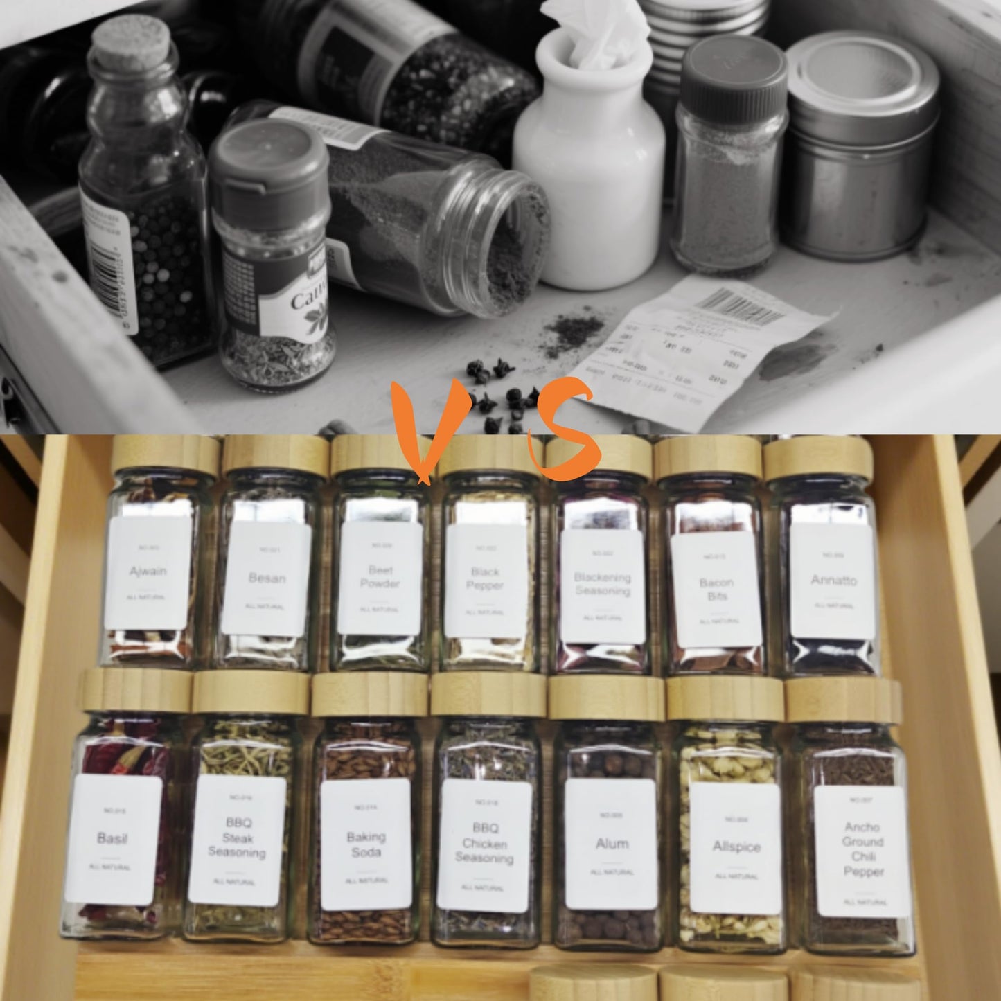 Spice Drawer Organizer with 24 Spice Jars and 216 Labels,Non-slip Rubber, Bamboo 4 Tier Spice Racks Tray Seasoning Containers for Kitchen Drawers,Cabinets,Countertops,13" Wide * 15.8" Deep