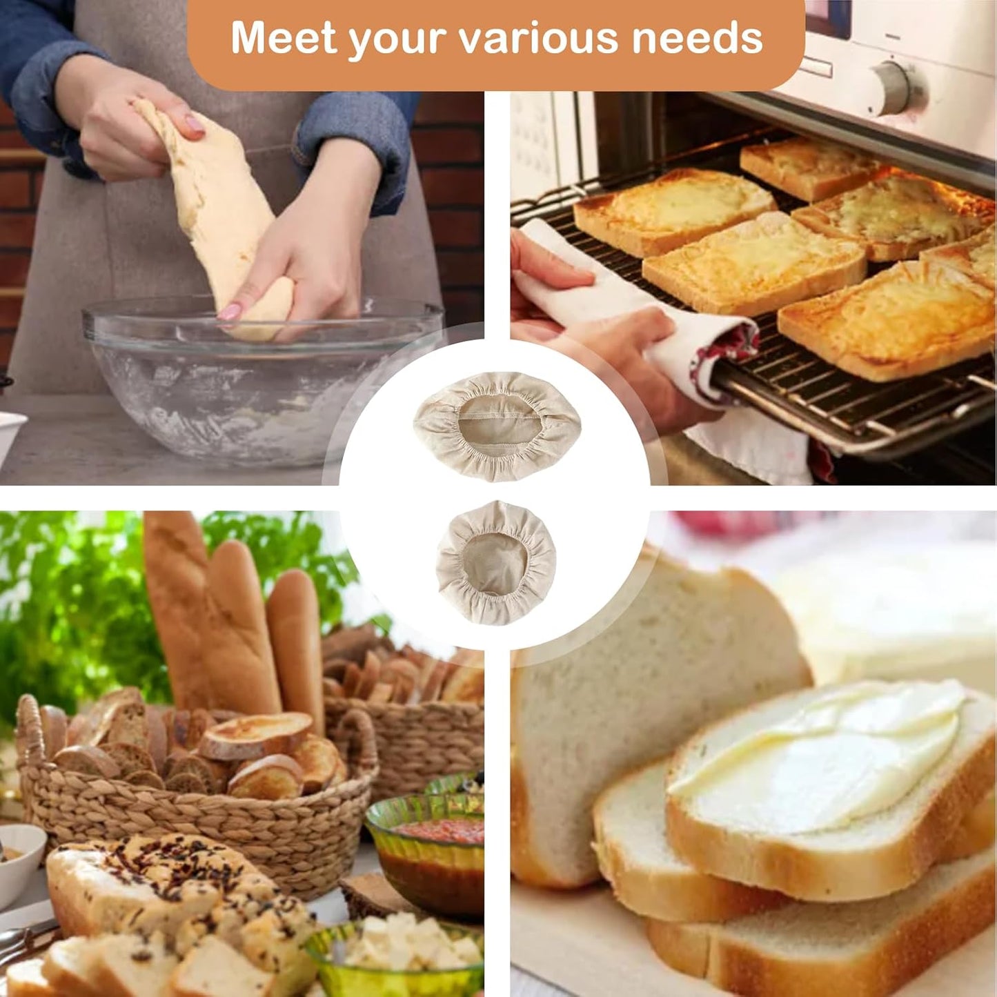 4 Pcs Banneton Bread Proofing Basket Linen Cloth Liners, 10 Inch Round and Oval Baking Dough Basket Cover for Home