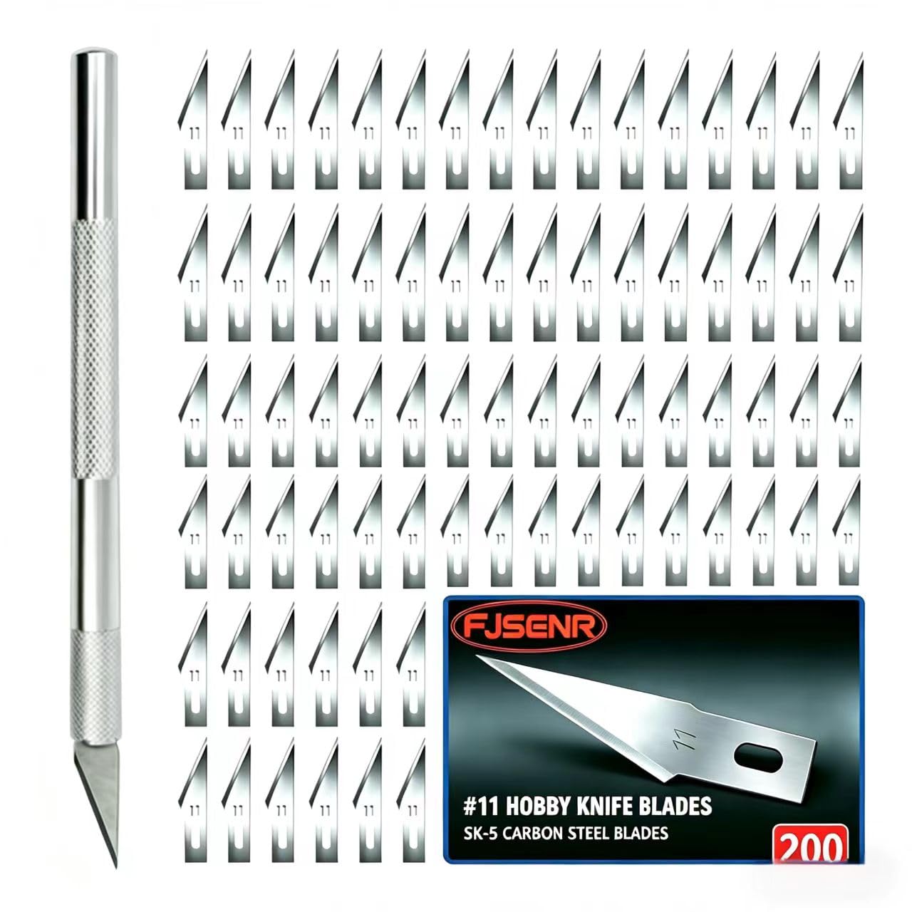 FJSENR Thickened #11 Hobby Knife Blades, SK-5 Carbon Steel, 200 Pack, Precision Exacto Blades for Phone Film Trimming, Craft & Model Cutting