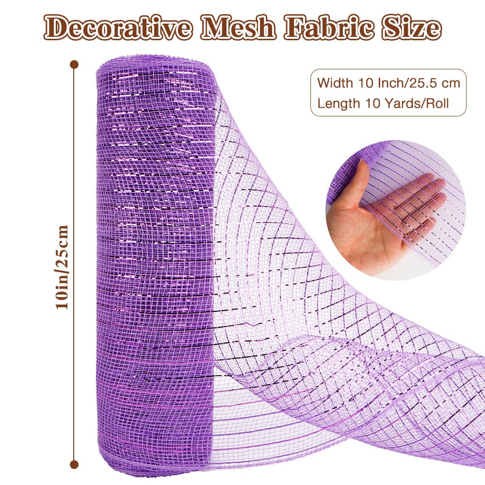 2 Rolls Purple Deco Mesh Ribbon for Wreath Making Supplies, Halloween Decor 10inch x 30 feet Each Roll Metallic Foil for Fall Wreaths Christmas Tree Ribbon Home Party Decor
