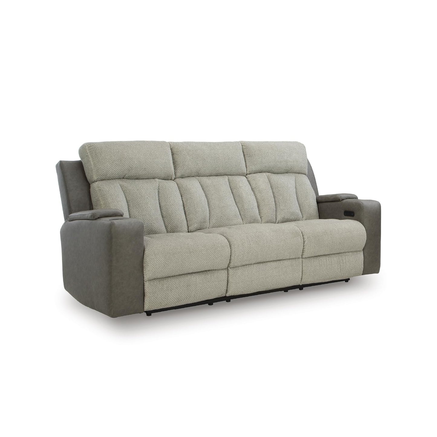 Signature Design by Ashley Point Clear Transitional Faux Leather Power Reclining Sofa with Drop Down Table, Lumbar Massage, LED Lights and Adjustable Headrest, Gray & Beige