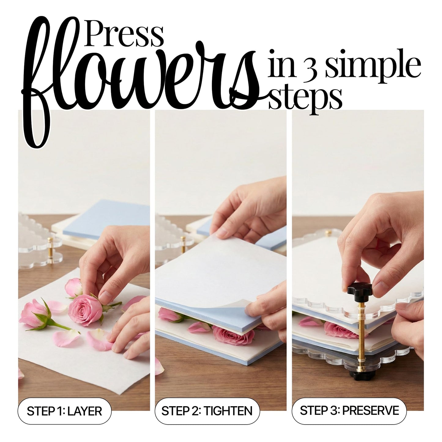 Hwabelle Professional Flower Press Kit for Adults - 11x11 Large Flower Press for Wedding Bouquet Conservation - AI Designer, Acrylic Botanical Press Kit for DIY Arts, Crafts & Herbarium Gifts