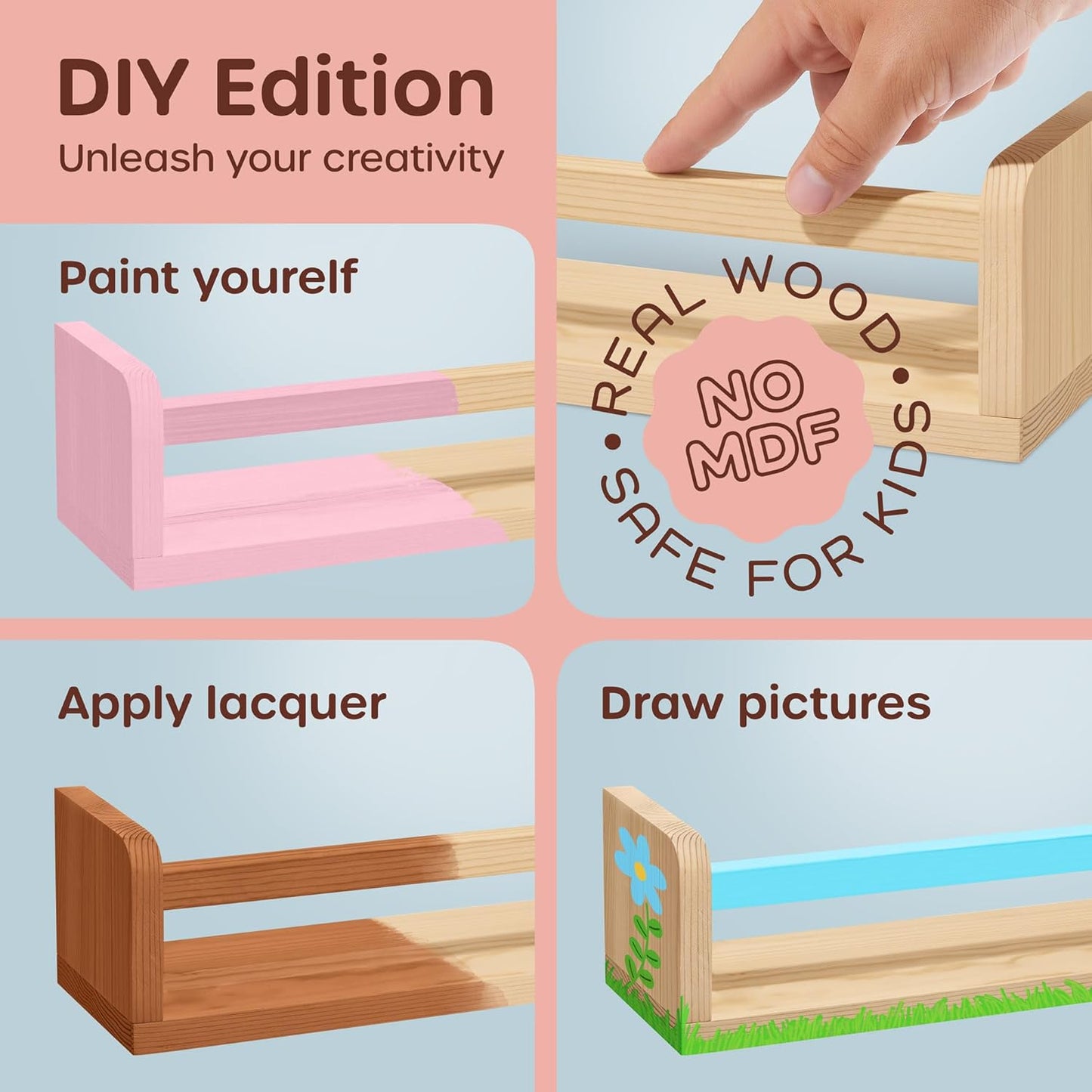 4 2 HOMEY PANDA DIY Wall-Mounted Nursery Bookshelves - Long + Mini Shelves, Kids Room Storage (DIY Paint Pine Wood)