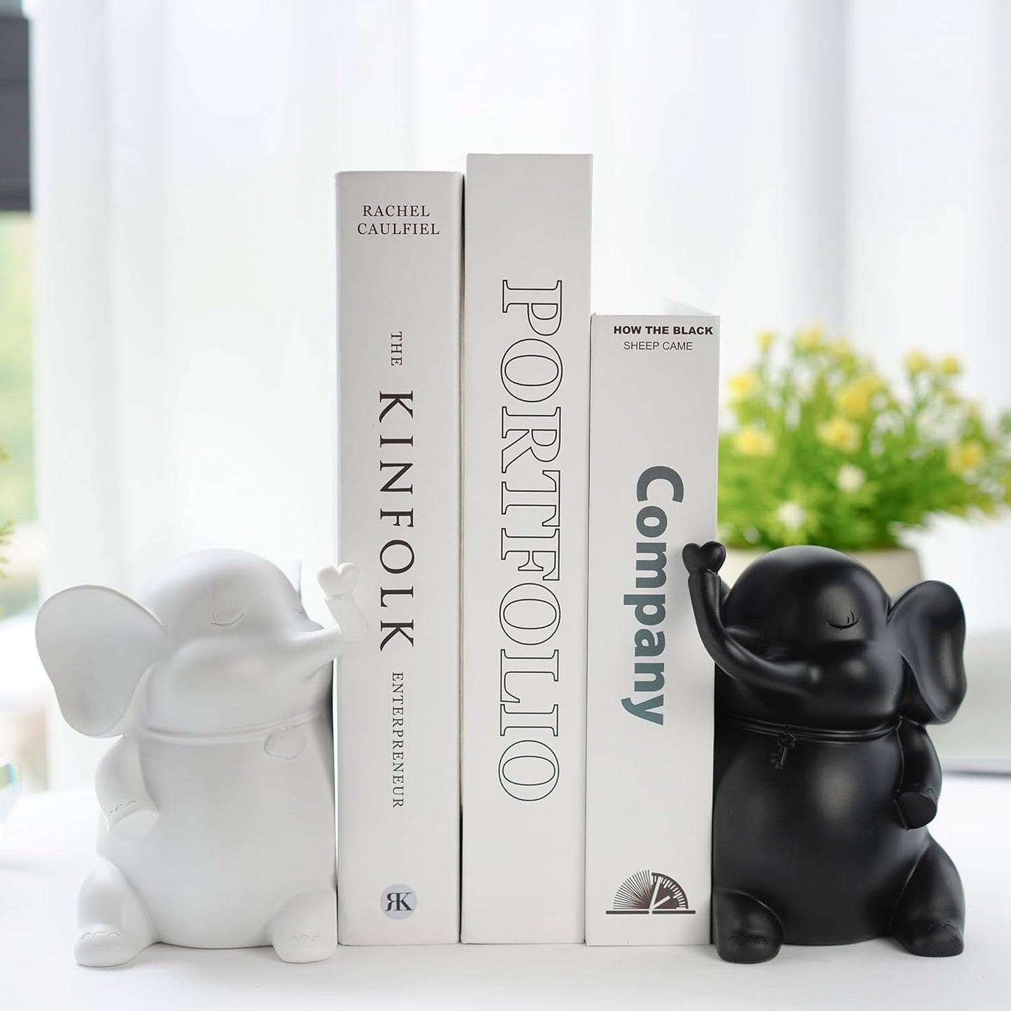 5" YU FENG Adorable Elephant Bookends in Black&White Resin Unique Cute Book Ends for Home Bedroom Desk Bookshelf
