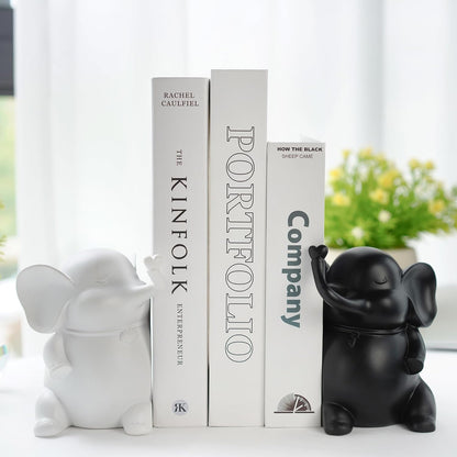 5" YU FENG Adorable Elephant Bookends in Black&White Resin Unique Cute Book Ends for Home Bedroom Desk Bookshelf