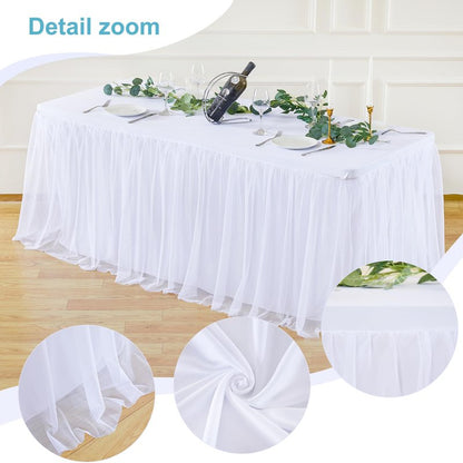 White Table Cloths 8 Foot Rectangle Stretch Ruffle Tulle Tablecloth Spandex Fitted Table Cover for 8 Foot Tables White Tulle Table Skirts Rectangle Tables 8ft Elastic Party Wedding Table Cloths 2Pack