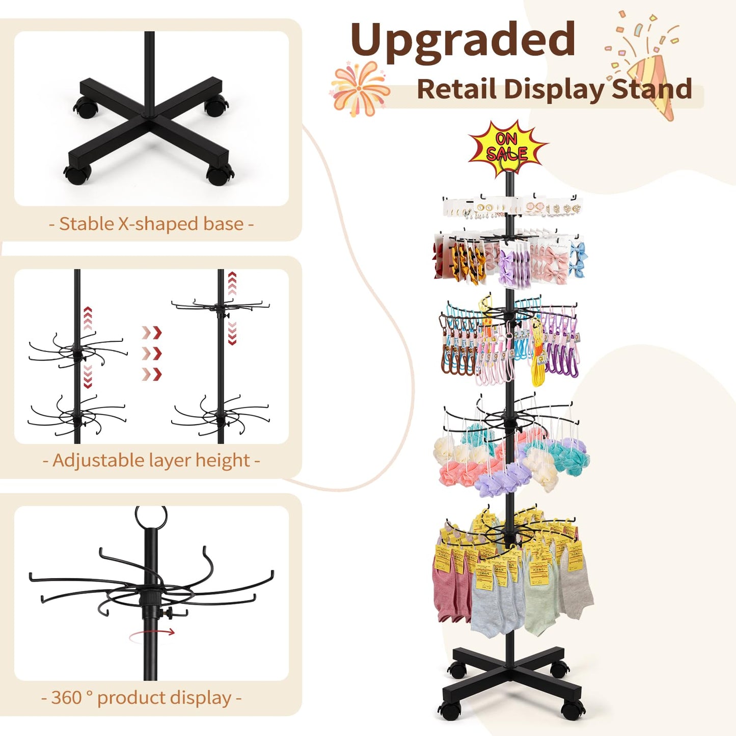 Flenpptly 2 Pack Retail Display Stand, 5-Tier Rotating Display Rack for Store Display, Movable and Adjustable Spinning Display Stand for Earrings, Jewelry, Keychains, Socks Display (2 Pack Black)