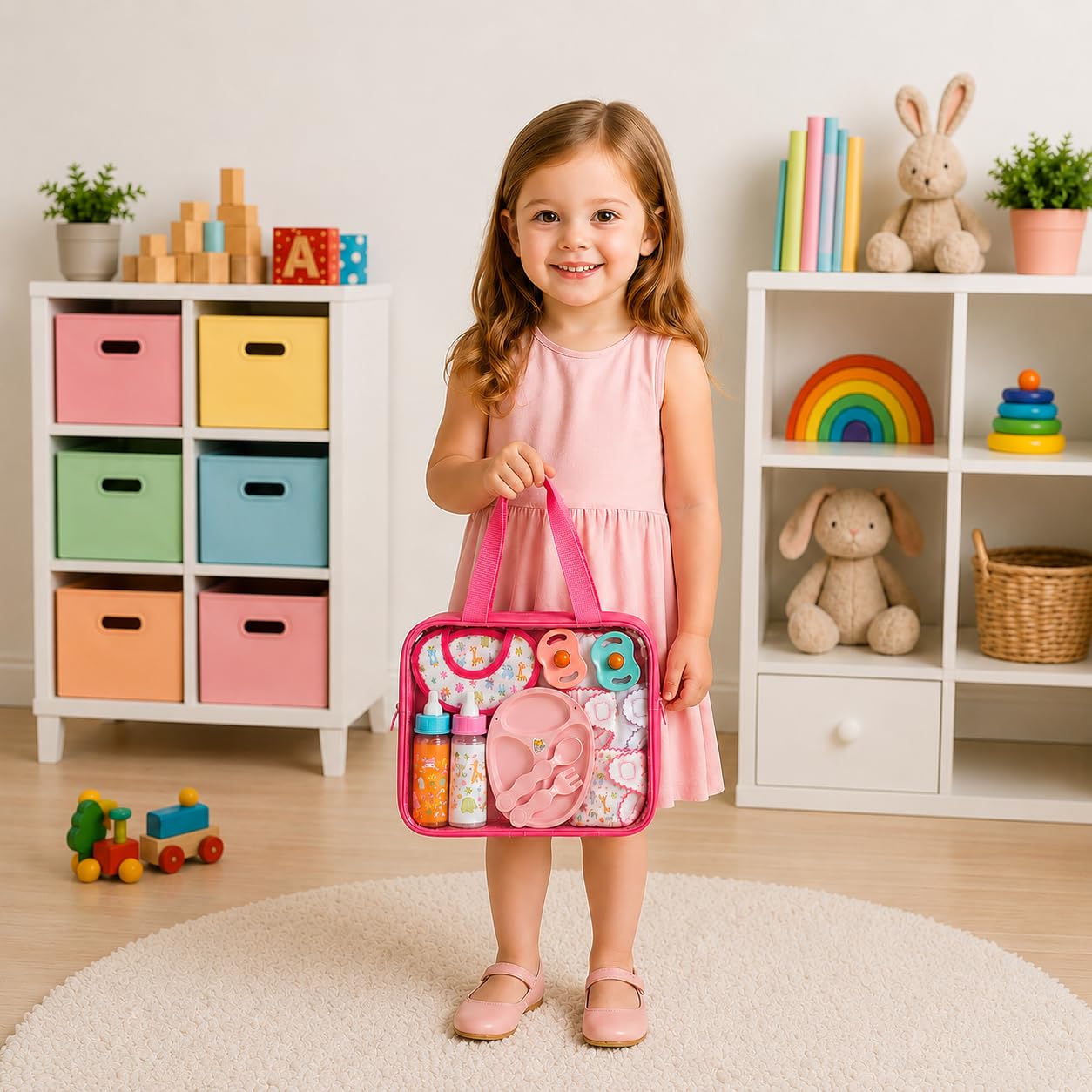 My Sweet Baby 13-Piece Doll Feeding & Diaper Bag Set – Disappearing Milk Bottles, Bibs, Pacifiers, Diapers & Accessories Set – Pretend Play Baby Doll Care Kit for Girls – Fits 12–18″ Dolls