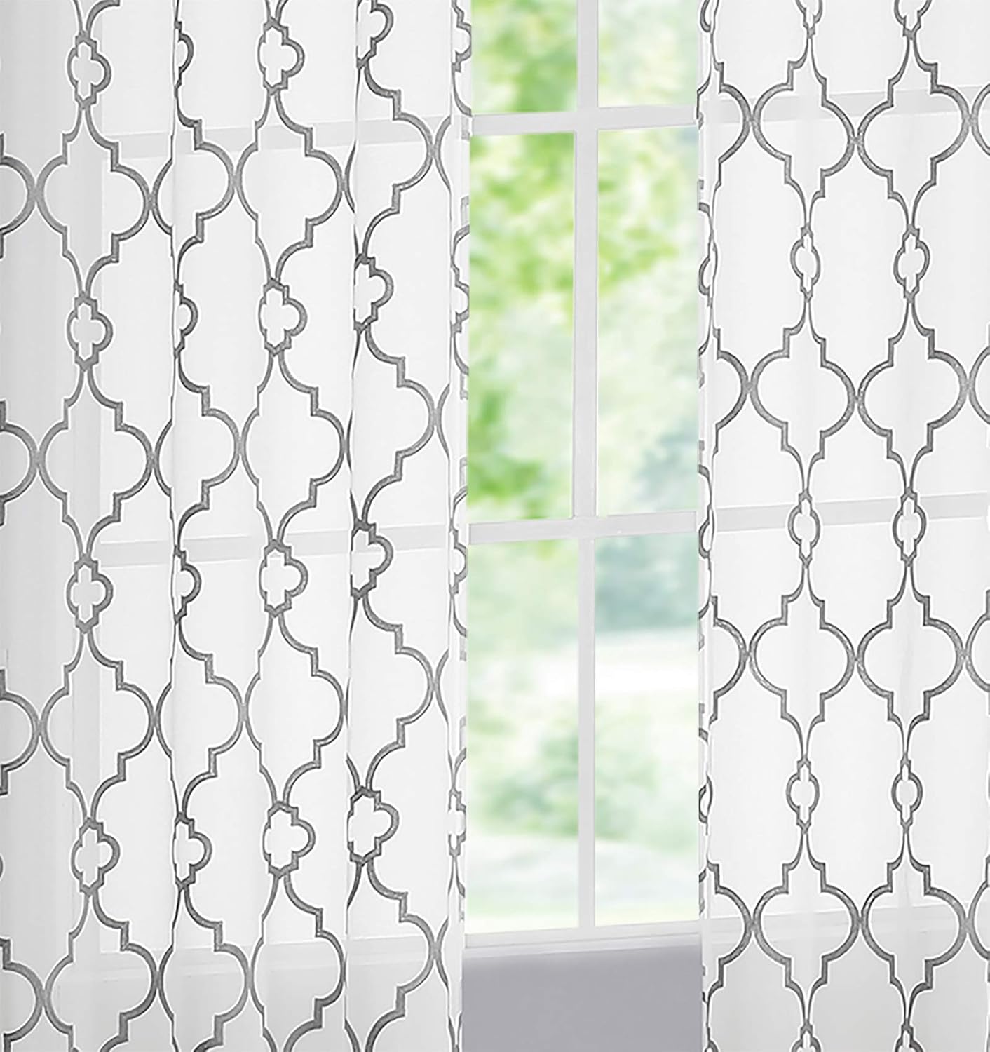 Moroccan Embroidered Semi Sheer Curtains, 108" Long Linen Textured Grey White Geometric Drapes for Living Room
