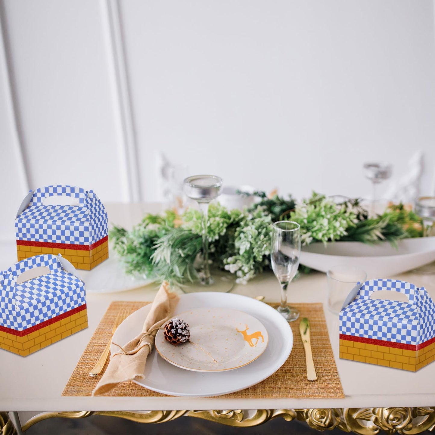 Fuyoooo 24 Pcs Wizard Party Favor Decorations Yellow Brick Blue Gingham Candy Treat Boxes Witch oz Goodies Gable Box with Handles for Witch Princess oz Halloween Birthday Party Supplies