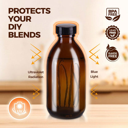 12 Pack, 8 OZ Amber Glass Bottles with Caps Leakproof Refilllable Empty Brown Boston Sample Dispensing Bottles for Homemade Vanilla Extract, Essential Oils, Potion, Juice, Ginger Shots, Liquids