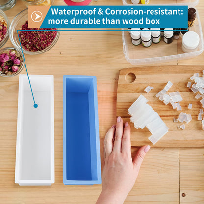 Sanbege 2 Pcs Loaf Soap Mold with Plastic Box, Flexible Silicone Rectangular Mold 42oz, Swirl Making Tool for DIY Soap, Handmade Candles, Resin Casting, Homemade Desserts (Blue)