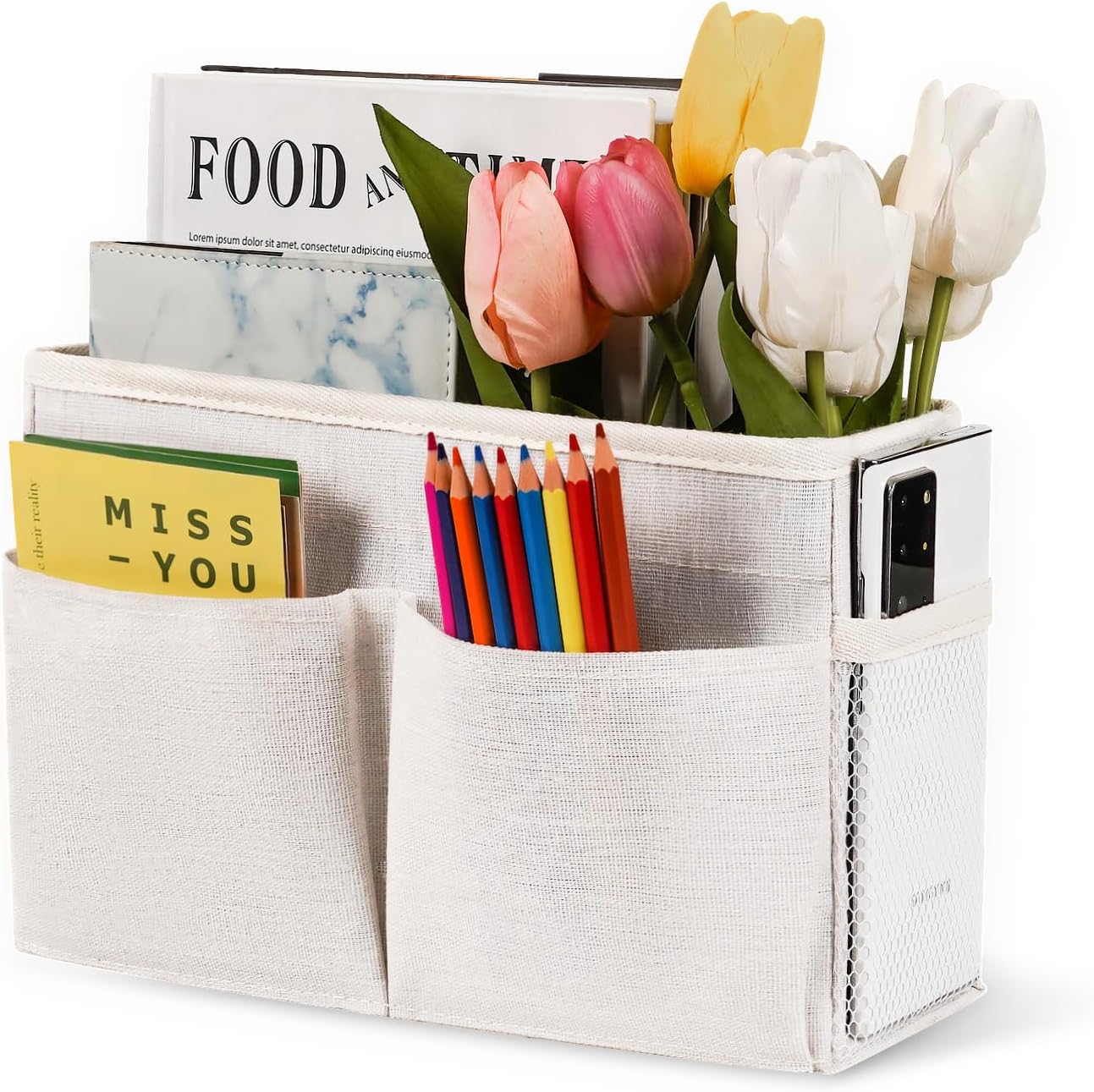 Bedside Caddy White Bedside Hanging Storage Basket, Bed Caddy for Headboards, Bunk Dorm Rooms Crib Beds Rails Organizer