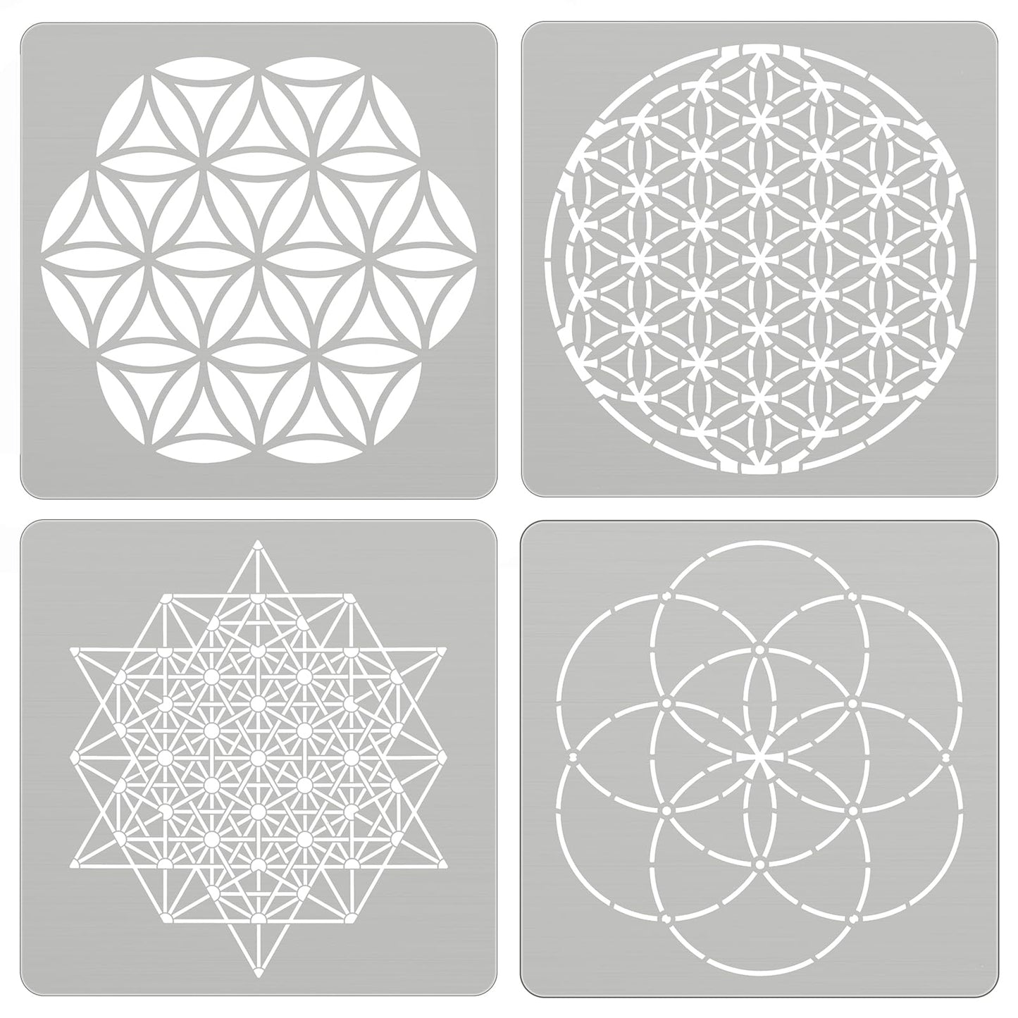 Therwen 4 Pcs Reusable Metal Stencils Sacred Geometry Stencils Flower of Life Version 64 Tetrahedron Seed of Life Drawing Template for Wood Burning Engraving Crafting Scrapbook Wall Painting Crafts