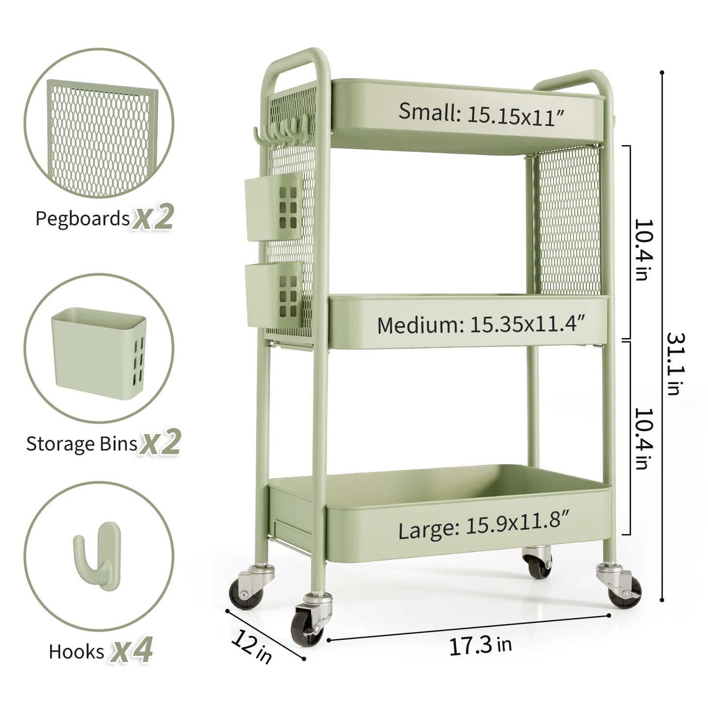 TOOLF 3 Tier Rolling Cart Storage Organizer, Metal Rolling Utility Cart with Wheels, Hooks & Bins Esthetician Craft Art Sturdy Storage with Pegboard for Bathroom, Kitchen, Office, Nursery Diaper