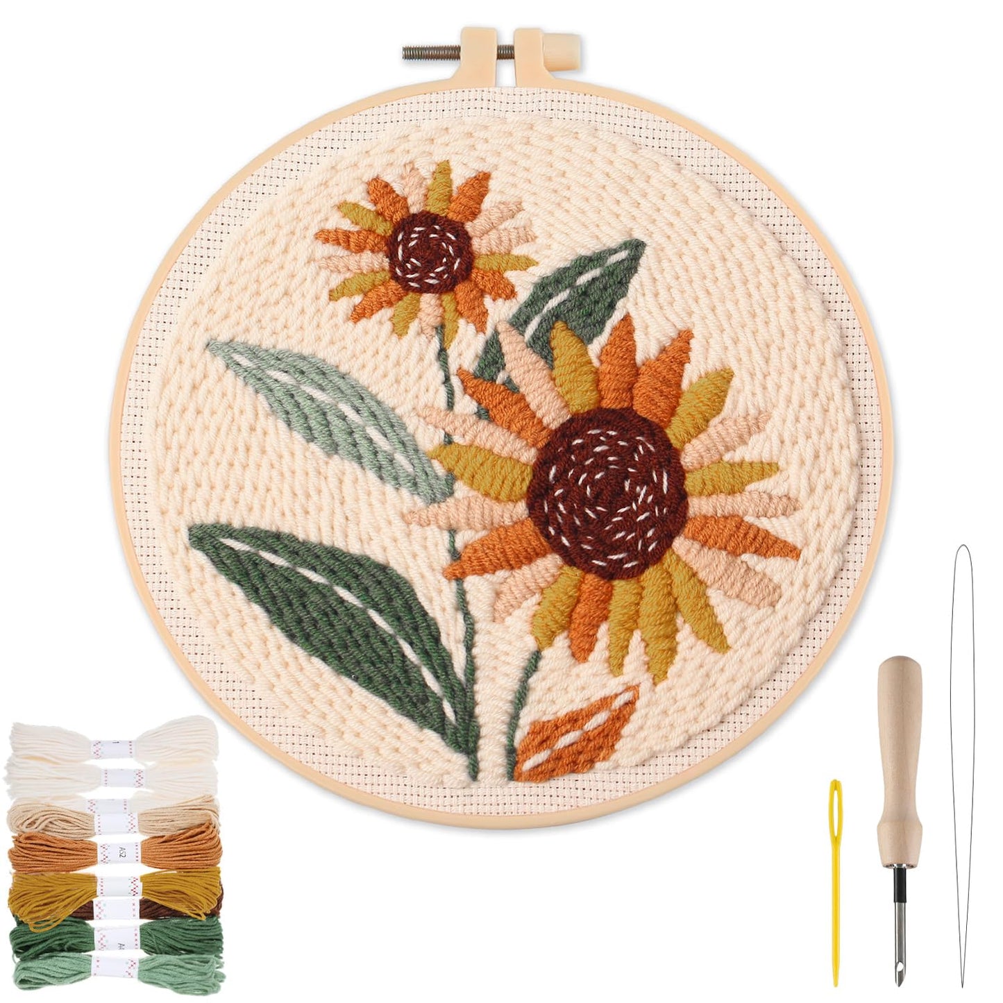 Punch Needle Kit Adults Beginner - Step-by-Step Video & Guide, Includes Hoop/Needle/Yarns/Punch Needle Fabric with Pattern, Spring Embroidery Craft Gifts for Women, Sunflower