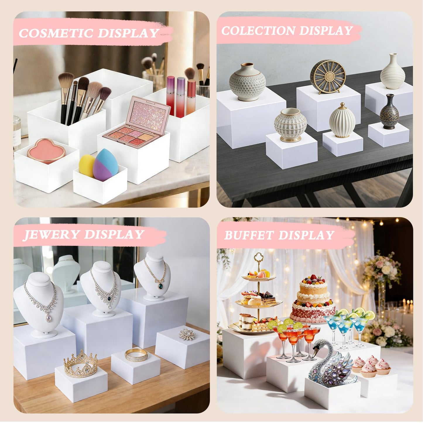 Hokimder 6 Pcs Acrylic Buffet Risers with Mini Signs and Makers, White Food Risers with Bowknot and Hollow Bottoms, Food Display Stands for Party, Dessert, Jewelry & Collectibles (8",7",6",5",4",4")