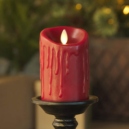 Luminara Wax Drip Flameless LED Candle, Burgundy 3" x 4.5", Timer Function, Real Wax Pillar, Battery Operated Unscented Safe, Long-Lasting
