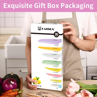 Knife Set with Kitchen Cutting Board, 30 Piece Colour Coding Stainless Steel Boxed Knives with Shears