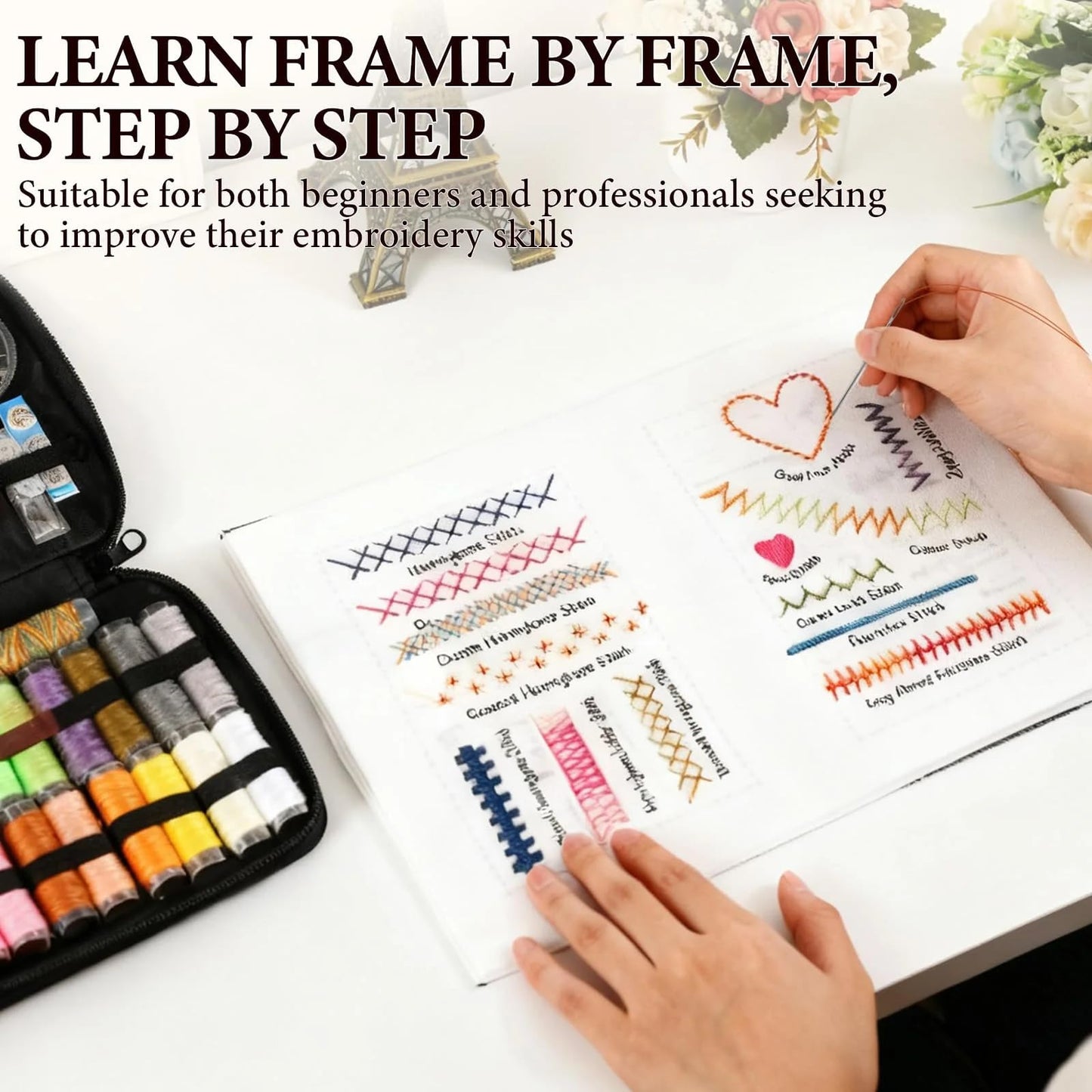 Embroidery Stitch Book Kit for Adults & DIY Craft Lovers,Portable Embroidery Kit for Beginners Enthusiasts,Includes Guide to 106 Patterns with Tools & Tutorials and 86-Piece Sewing Tool Kit(1 Set)