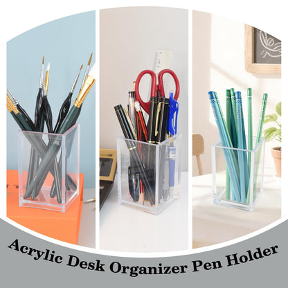 20 Pack Clear Acrylic Pen Holder for Desk, Pencil Cup Makeup Brush Organizer, Square Acrylic Pencil Holders for Office School Home Supplies, Desktop Stationery Organizer for Pens Markers Brushes