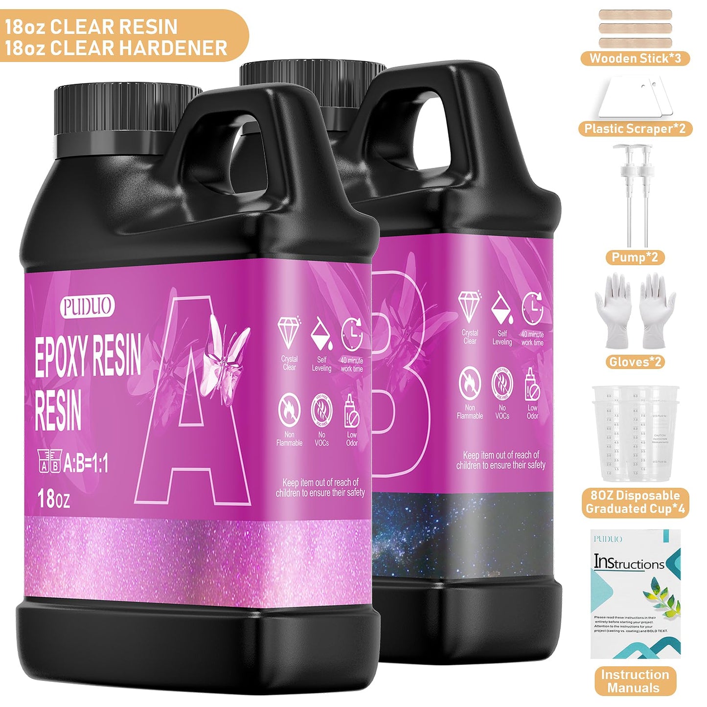 Puduo Epoxy Resin Kit 36OZ，Newly Formulated Crystal Clear Epoxy Resin，Strong, Bubble-Free, Anti-Yellowing Art Resin That，Suitable for DIY, Resin Art, Molds, Jewelry Making, Easy to Mix 1:1 Ratio