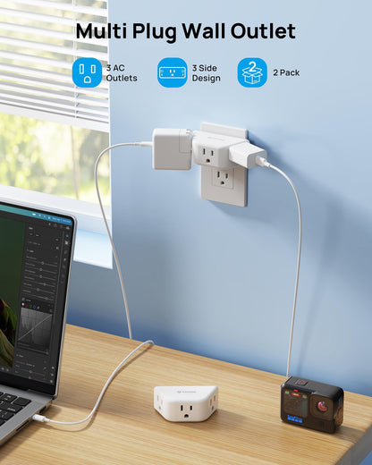TROND Multi Plug Outlet Extender 2 Pack - Electrical Wall Splitter, 3 Way Angled Wall Outlet Adapter, Cruise Essentials, Small Multiple Plug Expander for Cruise Ship Home Office Dorm Room, White