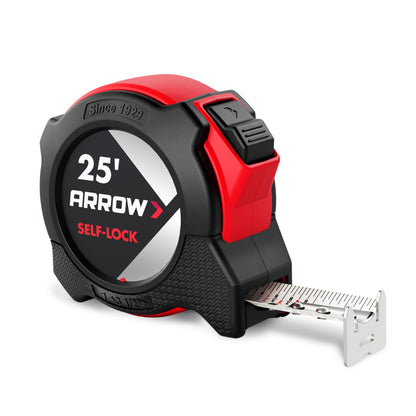 Arrow 25FT Auto-Lock Tape Measure, Easy Read Measuring Tape with Fractions 1/8″, Double Sided Measurement Tape with 1″ Blade, Belt Clip, Dual-End Metal Hook, and Rubber Protective Casing