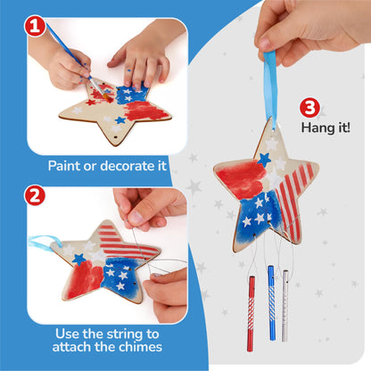 ArtCreativity Patriotic DIY Wind Chime Kit for Kids - 9 Pack - Wooden Wind Chime Set with Paint Kit, Rhinestone Flower Stickers, 105 Stickers, and More - July 4th Arts and Crafts for Kids 3 and Up