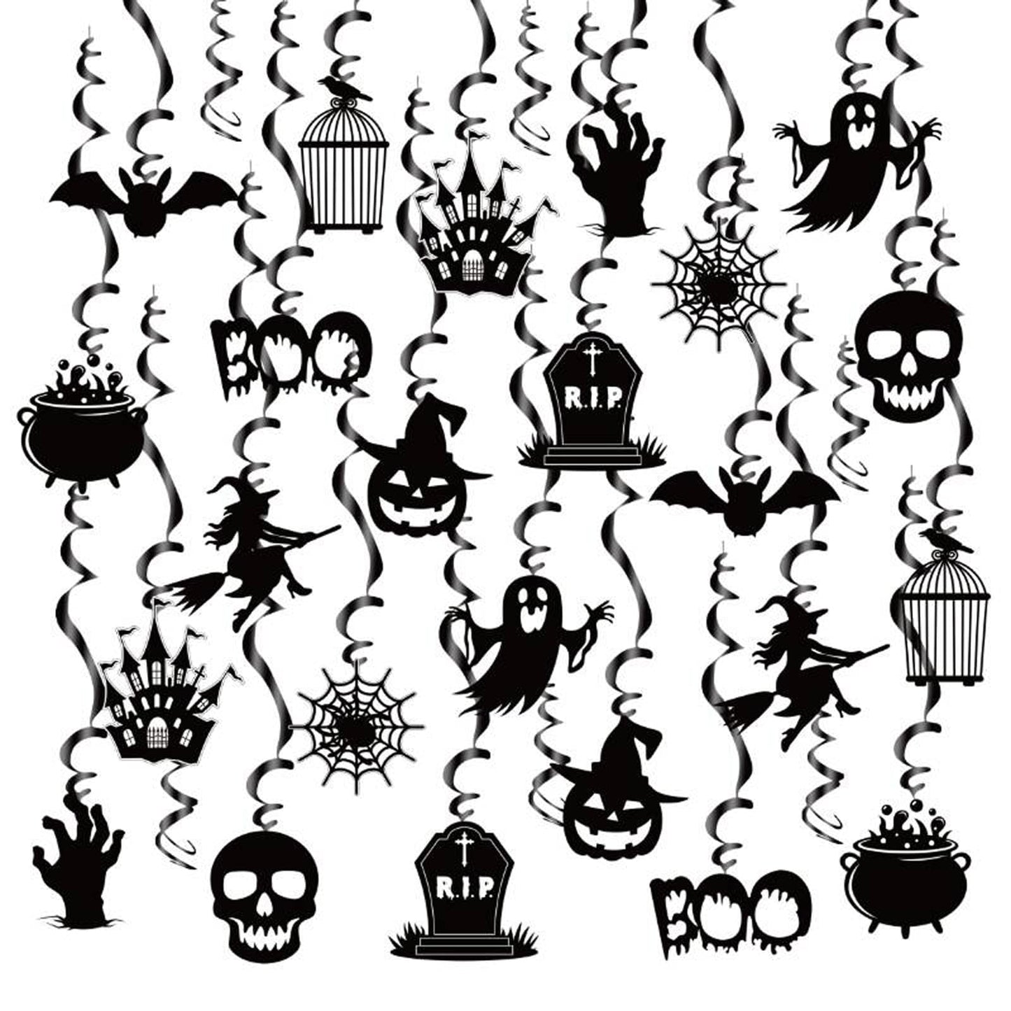 Halloween Hanging Swirls Decorations, LMSHOWOWO 30PCS Foil Hanging Ceiling Swirls Streamers with Black Spooky Ghost Witches Bat for Halloween Home Classroom Office Tree Door Porch Ceiling Decor