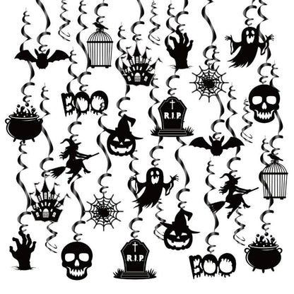 Halloween Hanging Swirls Decorations, LMSHOWOWO 30PCS Foil Hanging Ceiling Swirls Streamers with Black Spooky Ghost Witches Bat for Halloween Home Classroom Office Tree Door Porch Ceiling Decor