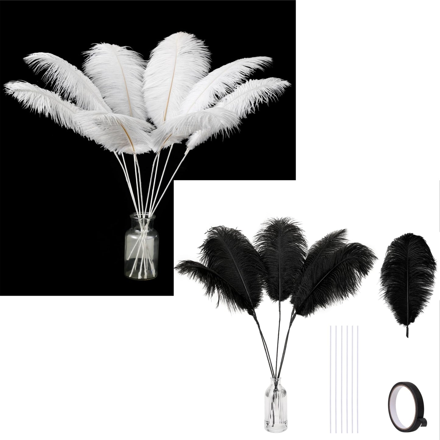Holmgren 20Pcs 22inch Black and White Ostrich Feathers Bundles for Wedding Party Home