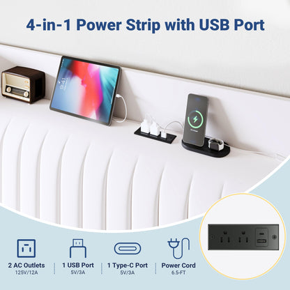 Allewie King Size Platform Bed Frame with USB Charging Station and Storage Shelf/Upholstered Velvet Wingback Headboard/Wooden Slats Support/No Box Spring Needed/Easy Assembly, White