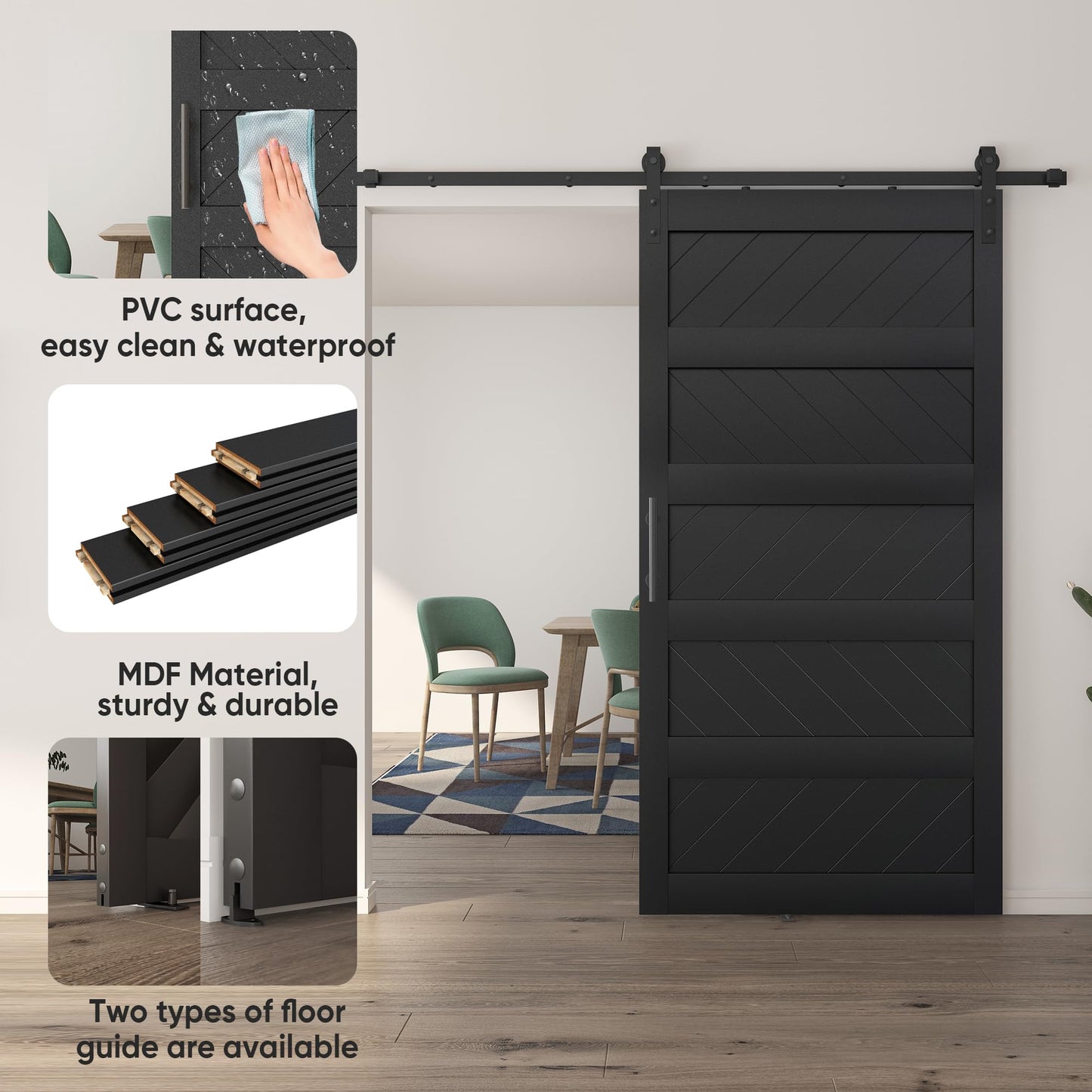 JUBEST 42" x 84" Barn Door, Slding Barn Door Kit Wav-Shape Barn Door Panel with Hardware Kit Include, Easy Installation, Solid Wood, MDF & PVC Covered, Black