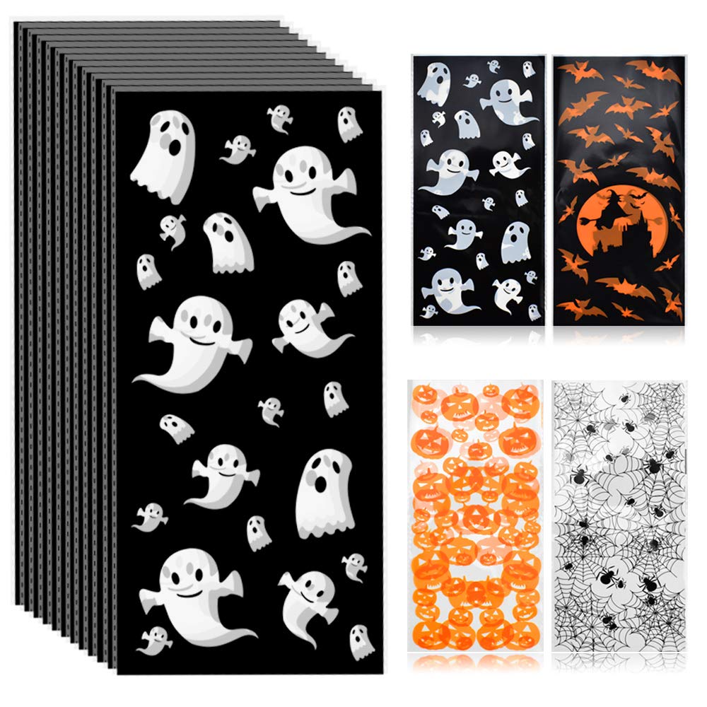 ERKOON Halloween Candy Bags 200pcs Pumpkin Spider Web Bat Ghost Print Treat Bags with Twist Ties for Halloween Party Supplies, Bulk Gift Bags for Trick-or-Treat