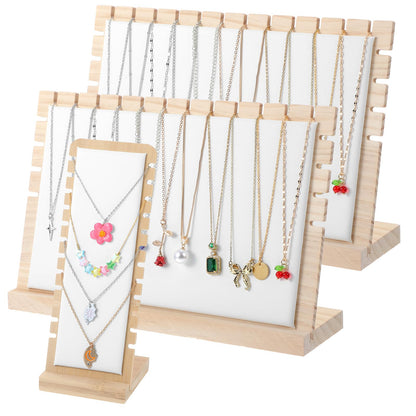 Oqqlin 3 Pcs Necklace Display Stands for Selling, Bamboo Necklace Holder with PU Leather Panel Beige Multi-Tiered Jewelry Display Storage Set for Vendors and Home (11.8x7.9x3.3 Inch/10.6x3.9x3.7 Inch)