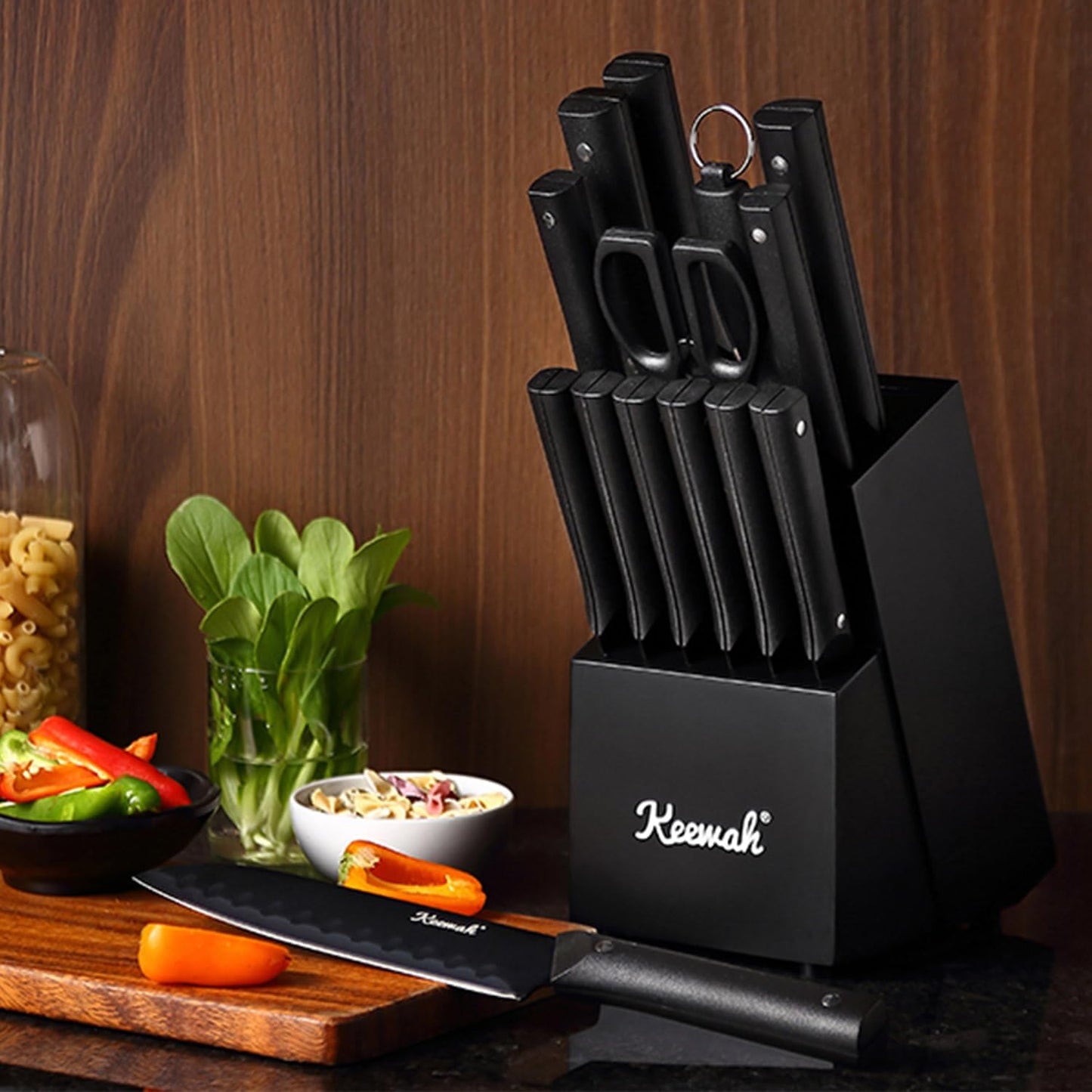 Keewah Knife Set, 15 Piece Kitchen Knives Set with Block, Black