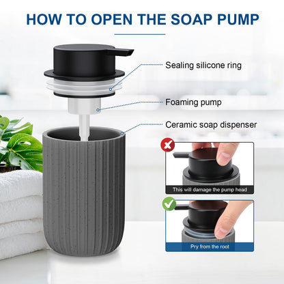 Ceramic Foaming Soap Dispenser, 12 oz Bathroom Foam Hand Soap Dispenser, Refillable Lotion Soap Dispenser with Removable Pump for Kitchen Hand Wash Dispenser, Modern Home Decor(2Pack-Black)