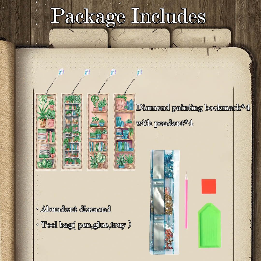 4 Pcs Diamonds Painting Bookmarks Diamond Art Kits for Adults DIY Full Round Gem Crystal Art Bookmarks with Pendant Home Office Supplies for Reading Lovers