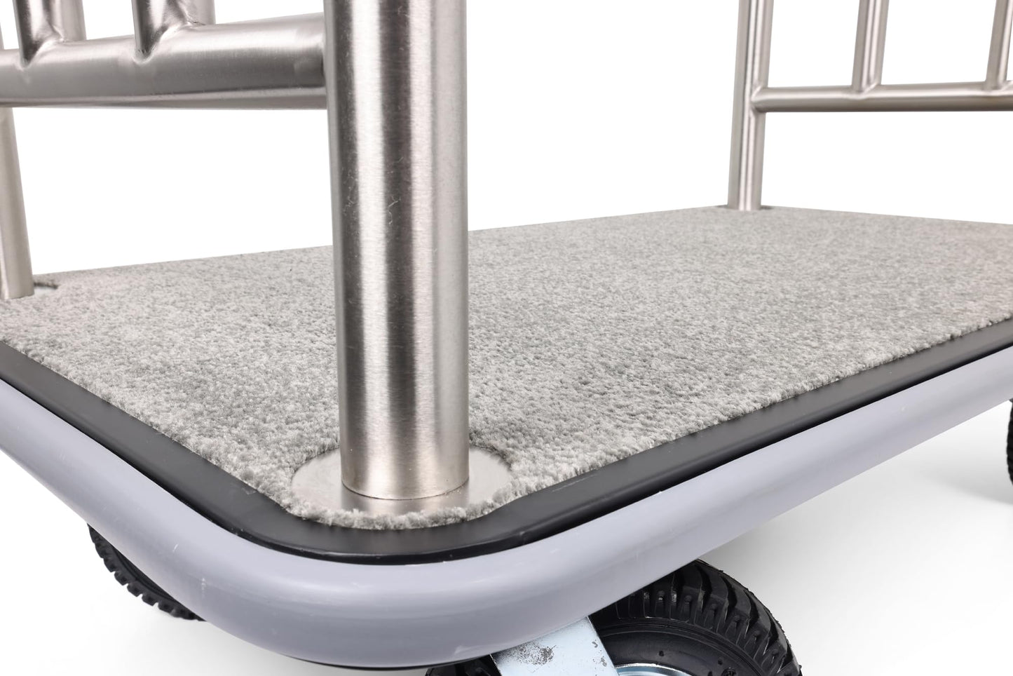 Wholesale Hotel Products Brushed Stainless Steel Luggage Cart –1000lb Capacity–Bellman Cart w/Grey Bumper Guard, Plush Carpet, 2” Welded Steel Frame & 8" Wheels, for 5-Star Hotels (Grand Lux Series)