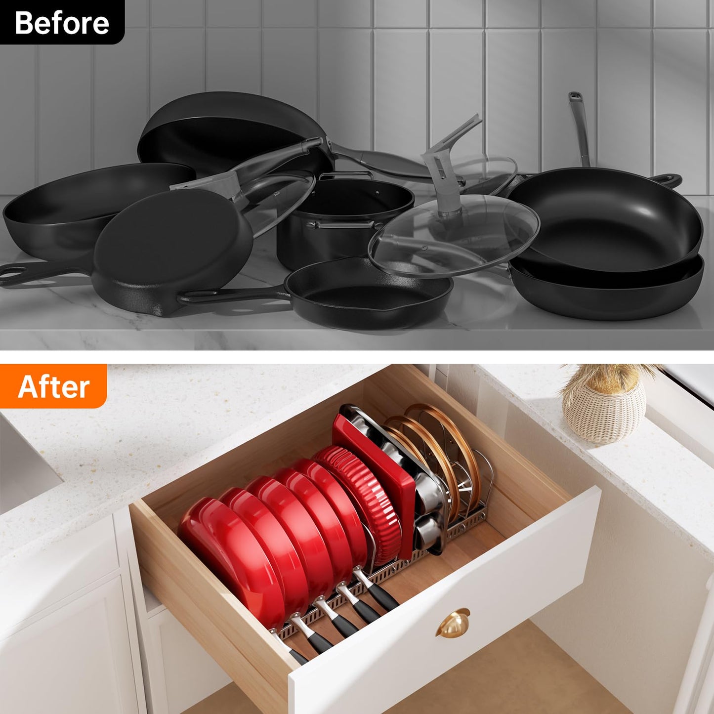 MUDEELA Pots and Pans Organizer Rack for under Cabinet, Expandable 11.81''-22.85'' Pot Lid Kitchen Cabinet Organizer Holder with 10 Adjustable Compartment Cutting Board Organizer for Pan Lid, Bakeware