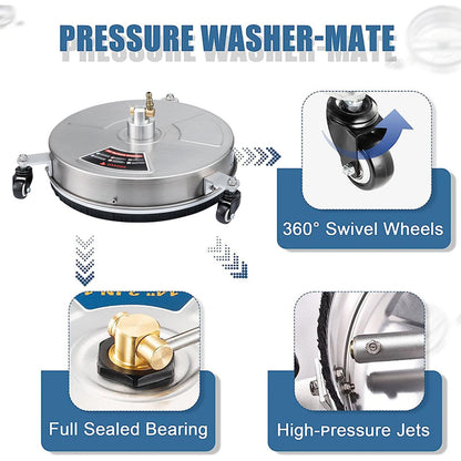 TRELVEX 15" High-Pressure Surface Cleaner on Wheels, Stainless Steel Power Washer Attachment with 1/4" Quick Connector and 2 ExWands for Sidewalks and Patios Stainless Steel