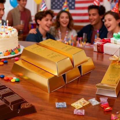 Rowcay 48 Pcs Fake Gold Bar Party Favor Boxes, Foil Paper Golden Treasure Brick Gift Boxes for Pirate Casino Theme Decorations, Candy Chocolate Treats Toys Coins(5.5 x 3.2 x 1.6 Inches)