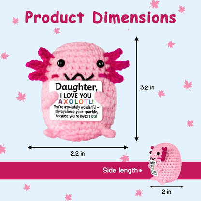 FliipFlaap Positive Crochet Animal Axolotl for Daughter – Cute Handmade Encouragement & Emotional Support Gift from Mom or Dad, Birthday Keepsake Decor, Loving Reminder for Girls